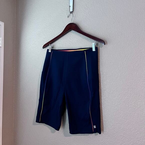 Sweaty Betty Power 9” Biker Shorts Navy Blue Rainbow Trim Pocket XL High Waist - Picture 3 of 8